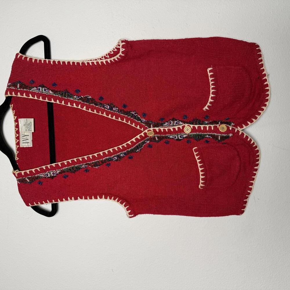 Red Knit Women's Sweater Vest with Embroidered Trim and Pock